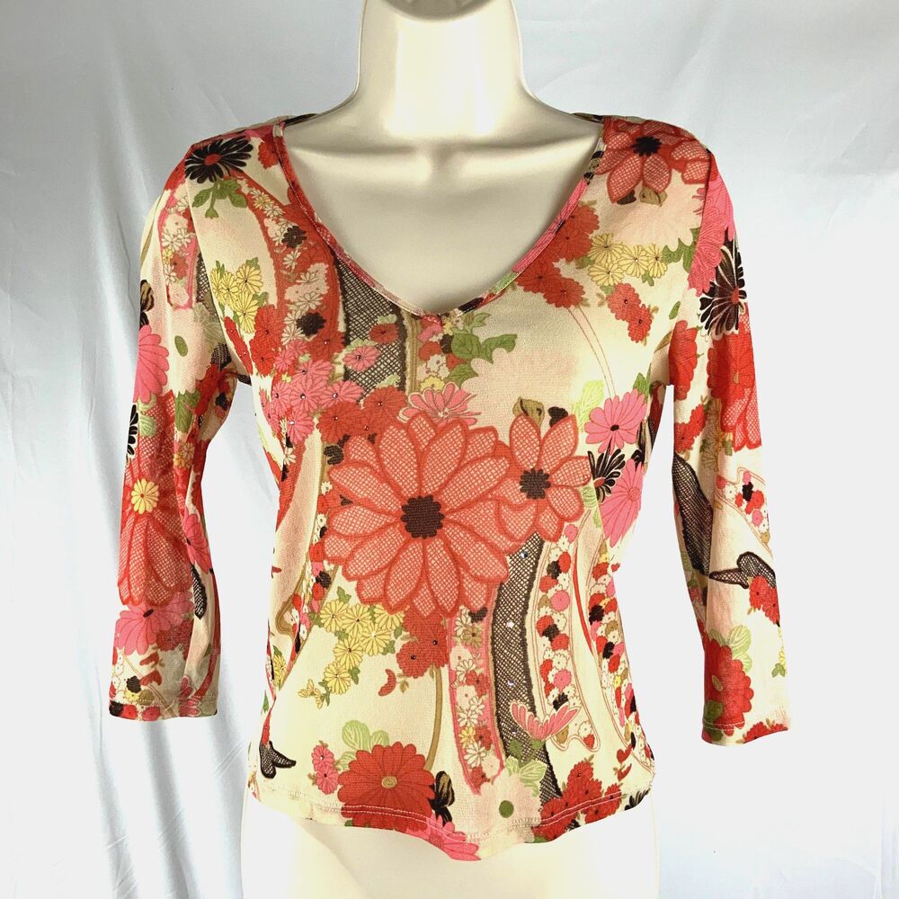 Rare Vintage Y2k Sheer Bright Floral 3/4 Sleeve V-Neck Top By The Limited Size S